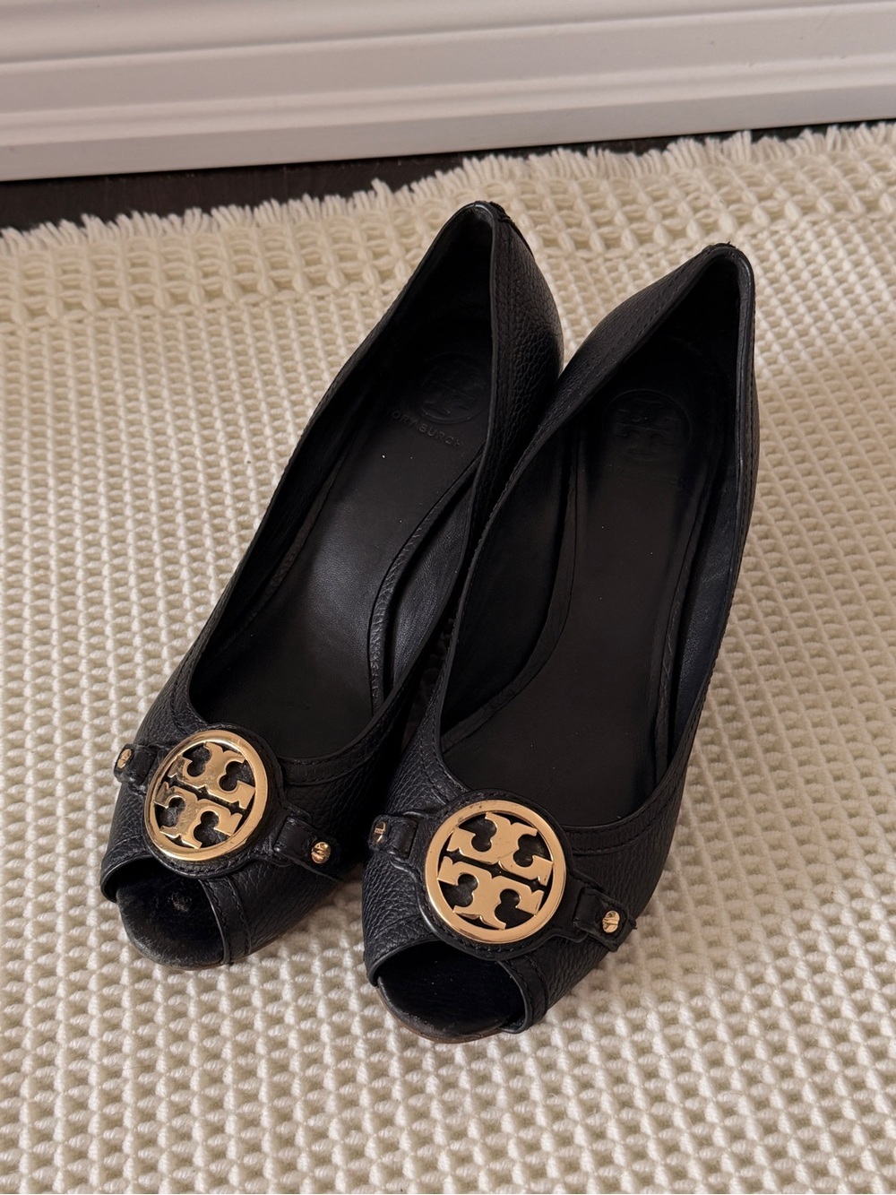 Tory Burch Black Leather Peep-Toe Wedges